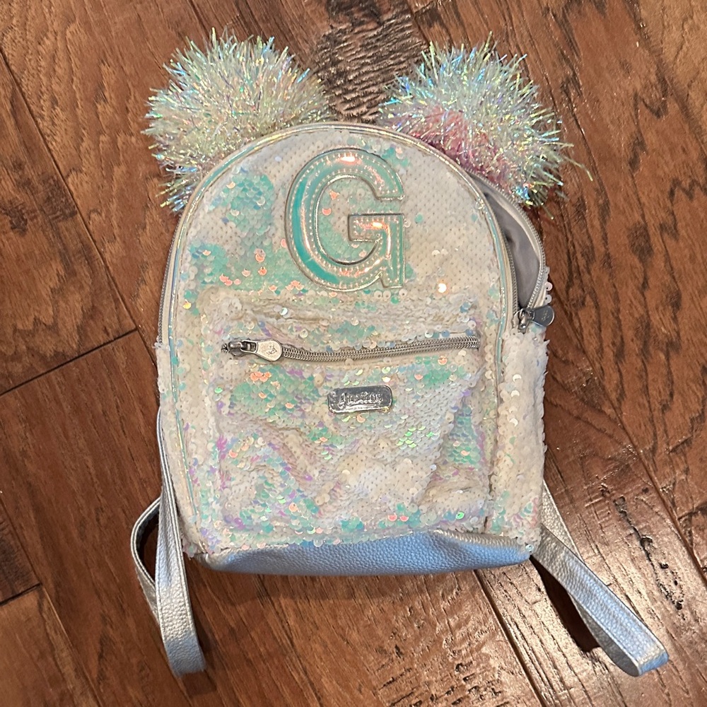 Justice Iridescent Sequin Backpack with Pom Poms